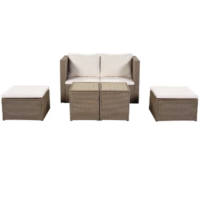 Outdoor Patio 6-Piece PE Wicker Sectional Sofa With 2 Coffee Tables, Brown Wicker + Beige Cushions - ModernLuxe 6 Outdoor Patio 6-Piece PE Wicker Sectional Sofa With 2 Coffee Tables, Brown Wicker + Beige Cushions - ModernLuxe - Image 6