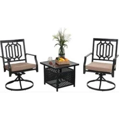 3pc Wrought Iron Patio Dining Set With Square Table With Umbrella Hole & Swivel Chairs - Captiva Designs