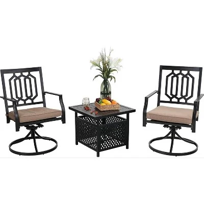 3pc Wrought Iron Patio Dining Set With Square Table With Umbrella Hole & Swivel Chairs - Captiva Designs 1 3pc Wrought Iron Patio Dining Set With Square Table With Umbrella Hole & Swivel Chairs - Captiva Designs