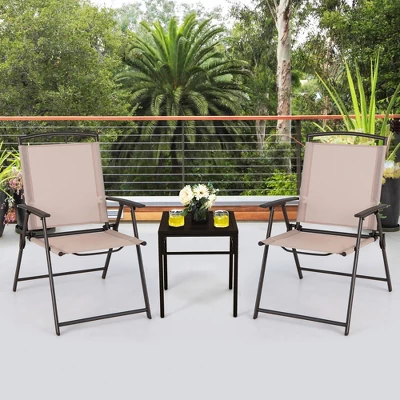 Costway 2 Pcs Patio Folding Sling Dining Chairs Armrests Steel Frame Outdoor Beige/Grey 2 Costway 2 Pcs Patio Folding Sling Dining Chairs Armrests Steel Frame Outdoor Beige/Grey - Image 2
