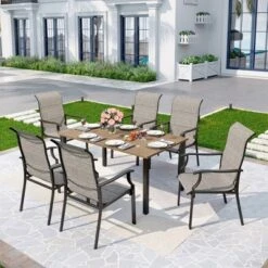 7pc Patio Dining Set With Wood Grain Tabletop & Metal Padded Arm Chairs - Captiva Designs -VIDAXL Sale Store GUEST 06cb0d8c c26a 45a1 b2dd ffa286de23e8