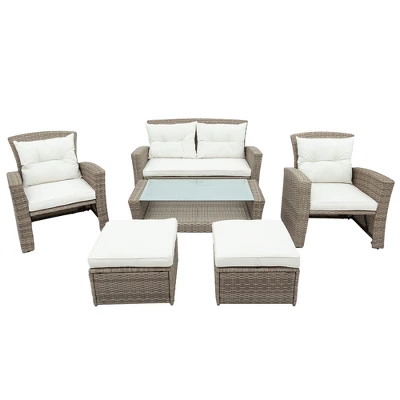 Eden 6 Piece Outdoor Conversation Set All Weather Wicker Sectional Sofa With Ottoman And Cushions Patio Furniture Set-Maison Boucle 2 Eden 6 Piece Outdoor Conversation Set All Weather Wicker Sectional Sofa With Ottoman And Cushions Patio Furniture Set-Maison Boucle - Image 2