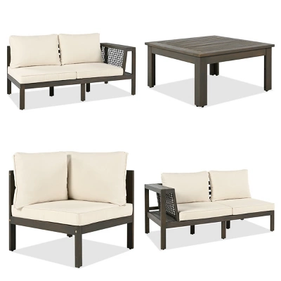 Outdoor 4-Pieces L-Shaped Sectional Sofa, Acacia Frame Sofa With Woven Mesh Armrests And Table, Sofa With Polyester Cushions–Cuddlewood 4 Outdoor 4-Pieces L-Shaped Sectional Sofa, Acacia Frame Sofa With Woven Mesh Armrests And Table, Sofa With Polyester Cushions–Cuddlewood - Image 4