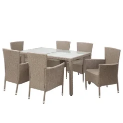 7pc Wicker Outdoor Dining Set With Cushions - Beige - GODEER