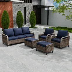 EAGLE PEAK Wicker Patio Conversation Set, 2 Chairs, 3-Seat Loveseat And 2 Ottomans, 5 Pieces