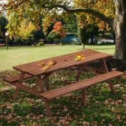 Wooden Picnic Table,Outdoor Camping Dining Table With 2 Seats,2 Built-in Benches,Patio Dining Set -Maison Boucle