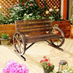 MOEPISY 41 In Wooden Wagon Wheel Bench, Backrest, Carbonized