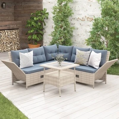 4pc Wicker Adjustable Patio Seating Set With Cushions - Natural/Gray - GODEER 2 4pc Wicker Adjustable Patio Seating Set With Cushions - Natural/Gray - GODEER - Image 2