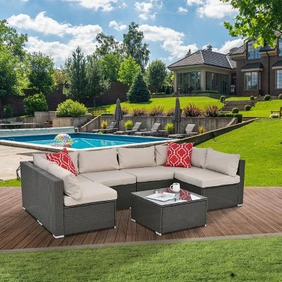 Patio Furniture Outdoor Sofa Set With 6 Seats, Garden Furniture With Tempered Glass Coffee Table 1 Patio Furniture Outdoor Sofa Set With 6 Seats, Garden Furniture With Tempered Glass Coffee Table