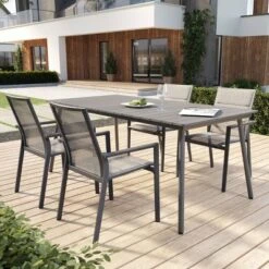 Outdoor Aluminum Rectangular Dining Table With Faux Wood Top - Gray - Crestlive Products