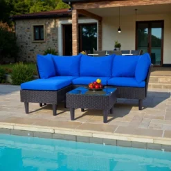 BestMassage 5 Pieces Patio Furniture Set Rattan Patio Sofa Set With Coffee Table Ottoman Cushions