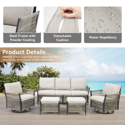 Buenhomino 5-Piece Patio Set – Sofa, 2 Swivel Chairs & 2 Ottomans, UV-Resistant Resin Wicker With Powder-Coated Steel Frame 3 Buenhomino 5-Piece Patio Set – Sofa, 2 Swivel Chairs & 2 Ottomans, UV-Resistant Resin Wicker With Powder-Coated Steel Frame - Image 3