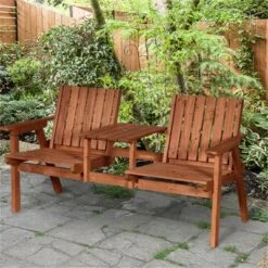 SKRAN Patio Bench, Garden Bench With Middle Table And Umbrella Hole, Wooden Outdoor Bench For Patio, Porch, Poolside, Balcony, Orange