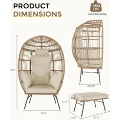 Egg Chair With Footrest, Wicker Patio Lounger With Ottoman, Oversized Rattan Egg Shaped Chair With Leg For Indoor Outdoor