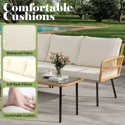 4-Piece Outdoor Wicker L-Shaped Patio Sofa Set With Cushions & Glass Coffee Table, Boho Sectional Set For Backyard, Garden, Or Poolside ¨C Beige 6 4-Piece Outdoor Wicker L-Shaped Patio Sofa Set With Cushions & Glass Coffee Table, Boho Sectional Set For Backyard, Garden, Or Poolside ¨C Beige - Image 6