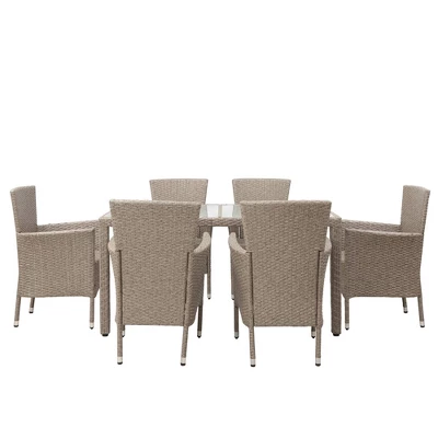7pc Wicker Outdoor Dining Set With Cushions - Beige - GODEER 2 7pc Wicker Outdoor Dining Set With Cushions - Beige - GODEER - Image 2