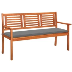 VidaXL Outdoor Patio Bench, Wooden 3 Seater Patio Bench With Cushion, Garden Bench For Balcony Poolside Porch, Farmhouse Style, Solid Wood Eucalyptus