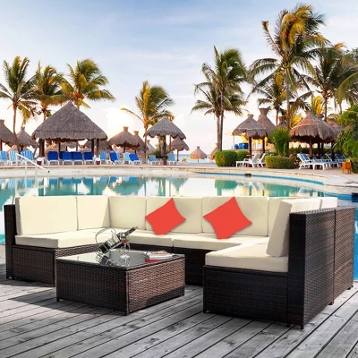 7pc Wicker Patio Sofa Set With Cushions - Brown/Beige - GODEER 1 7pc Wicker Patio Sofa Set With Cushions - Brown/Beige - GODEER