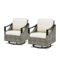 Buenhomino 3 PCS Patio Furniture Set Swivel Rocking Chairs Set Of 2 With Glass Top Side Table