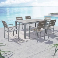 Gallant 7pc Rectangle Metal Patio Dining Set - Sun Bleached Gray - CorLiving