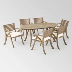 Hermosa 7pc Acacia Wood Oval Dining Set Gray/Cream: Weather-Resistant, 6-Seater - Christopher Knight Home