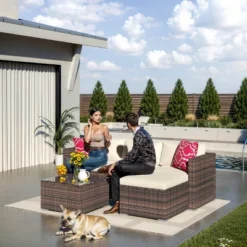 Homfan 5 Pieces Patio Furniture Set, Rattan Outdoor Patio Furniture Sofa Set With Anti-Slip Cushions, All-Weather Wicker Sectional Sofa