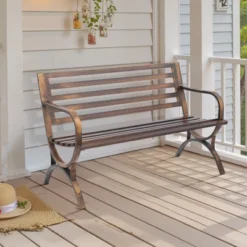 VEVOR Outdoor Bench, 50 Inch, Carbon Steel Metal Frame With Slatted Pattern Backrest And Round Edge Armrests, Weatherproof, Antique Bronze