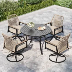 Captiva Designs 5pc Patio Slat-top Round Metal Dining Table And Thick Cushion Swivel Wicker Chairs -VIDAXL Sale Store GUEST 266198a4 592b 4ed0 ab56 790818c2444f