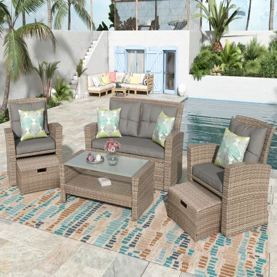 Eden 6 Piece Outdoor Conversation Set All Weather Wicker Sectional Sofa With Ottoman And Cushions Patio Furniture Set-Maison Boucle 12 Eden 6 Piece Outdoor Conversation Set All Weather Wicker Sectional Sofa With Ottoman And Cushions Patio Furniture Set-Maison Boucle - Image 12