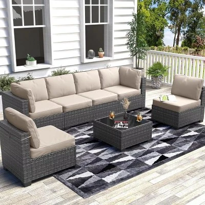 7Pcs PE Rattan Patio Conversation Set With Sectional Sofa & Coffee Table, Outdoor Furniture For Garden, Poolside, And Backyard 9 7Pcs PE Rattan Patio Conversation Set With Sectional Sofa & Coffee Table, Outdoor Furniture For Garden, Poolside, And Backyard - Image 9