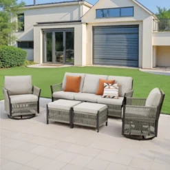 Buenhomino 5-Piece Patio Set – Sofa, 2 Swivel Chairs & 2 Ottomans, UV-Resistant Resin Wicker With Powder-Coated Steel Frame