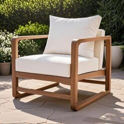 Solid Acacia Wood Outdoor Club Chair With White Cushions, Wide Seat Patio Armchair For Porch Or Balcony-Baofuwish -VIDAXL Sale Store GUEST 29bd0375 9d06 4cb0 a478 43db2a2963d4