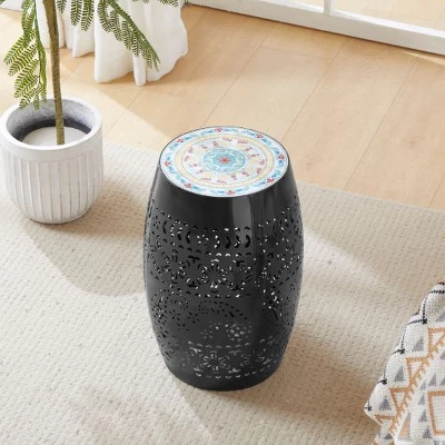 Mosaic Patio Side Table With Roman-patterned Ceramic Tile Top And Iron Frame, Outdoor End Table For Patio -Christopher Knight Home 1 Mosaic Patio Side Table With Roman-patterned Ceramic Tile Top And Iron Frame, Outdoor End Table For Patio -Christopher Knight Home