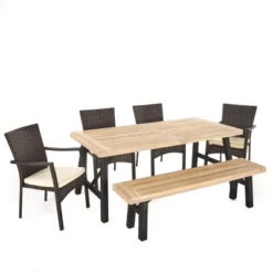 GDFStudio Barden Outdoor Wicker And Acacia Wood 6 Piece Dining Set With Bench, Brushed Gray/Brown