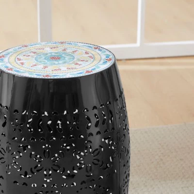 Mosaic Patio Side Table With Roman-patterned Ceramic Tile Top And Iron Frame, Outdoor End Table For Patio -Christopher Knight Home 3 Mosaic Patio Side Table With Roman-patterned Ceramic Tile Top And Iron Frame, Outdoor End Table For Patio -Christopher Knight Home - Image 3