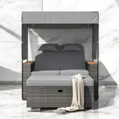 2-Piece Outdoor Rattan Daybed With 5 Positions, Canopy, Bench, And Cushions For Poolside, Backyard & Garden 23 2-Piece Outdoor Rattan Daybed With 5 Positions, Canopy, Bench, And Cushions For Poolside, Backyard & Garden -VIDAXL Sale Store GUEST 2d2fba42 d012 4364 8099 babbabbe0390