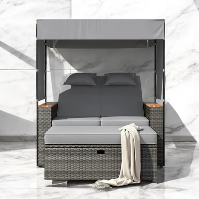 2-Piece Outdoor Rattan Daybed With 5 Positions, Canopy, Bench, And Cushions For Poolside, Backyard & Garden 11 2-Piece Outdoor Rattan Daybed With 5 Positions, Canopy, Bench, And Cushions For Poolside, Backyard & Garden - Image 11