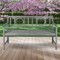 Apollo 3-Seat Circle-Back Acacia Wood Outdoor Garden Patio Bench - JONATHAN Y