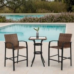 ELJGET 3 Piece Outdoor Bar Stools Set, Outdoor Wicker Patio Bar Height Stools Set With Glass Table Top For Garden, Deck, Balcony, Brown -VIDAXL Sale Store GUEST 2e4b9daf 121a 44cb 98cc 482e7dabef46