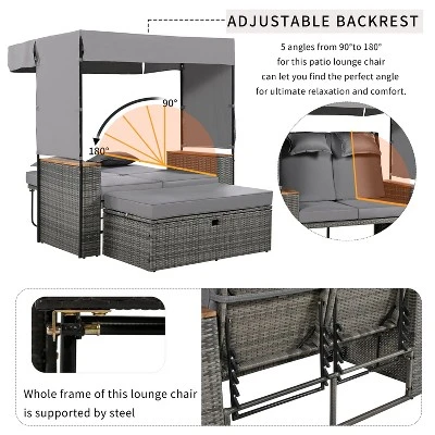 2-Piece Outdoor Rattan Daybed With 5 Positions, Canopy, Bench, And Cushions For Poolside, Backyard & Garden 4 2-Piece Outdoor Rattan Daybed With 5 Positions, Canopy, Bench, And Cushions For Poolside, Backyard & Garden - Image 4