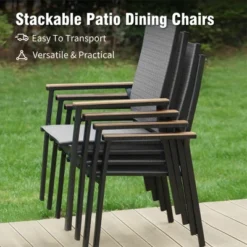 Captiva Designs 5pc Patio Dining Set Steel Frame Table With Umbrella Hole & Gray Textilene Chairs With Wood-like Armrests -VIDAXL Sale Store GUEST 314e35b6 0d54 4df6 9789 54ed856abd76