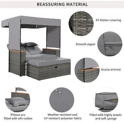 2-Piece Outdoor Rattan Daybed With 5 Positions, Canopy, Bench, And Cushions For Poolside, Backyard & Garden 5 2-Piece Outdoor Rattan Daybed With 5 Positions, Canopy, Bench, And Cushions For Poolside, Backyard & Garden - Image 5