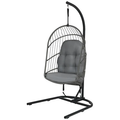 Costway Hanging Wicker Egg Chair W/ Stand Cushion Foldable Outdoor Indoor 2 Costway Hanging Wicker Egg Chair W/ Stand Cushion Foldable Outdoor Indoor - Image 2