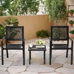 Outdoor Bistro Set 3 Piece Set - Comfortable Metal Patio Chairs And Small Table, Yellow /sage Green/peacock Blue/black Floral Back Design, Waterproof