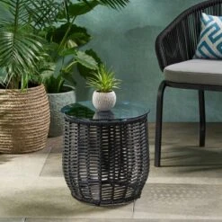15.5'' Round Rattan Side Table With Tempered Glass Top,Boho Outdoor Accent Table For Patio Or Balcony-Cuddlewood 14 15.5'' Round Rattan Side Table With Tempered Glass Top,Boho Outdoor Accent Table For Patio Or Balcony-Cuddlewood -VIDAXL Sale Store GUEST 360d05d7 42bf 4f5d b57e c8b3d0e03697
