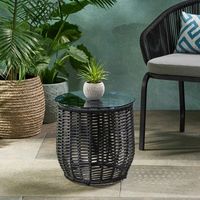 15.5'' Round Rattan Side Table With Tempered Glass Top,Boho Outdoor Accent Table For Patio Or Balcony-Cuddlewood 7 15.5'' Round Rattan Side Table With Tempered Glass Top,Boho Outdoor Accent Table For Patio Or Balcony-Cuddlewood - Image 7