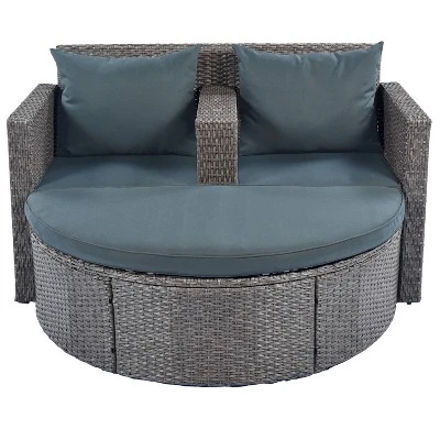 2pc Outdoor Wicker Conversation Sectional Set With Cushions & Half-Moon Side Table For Umbrella - Gray - GODEER 5 2pc Outdoor Wicker Conversation Sectional Set With Cushions & Half-Moon Side Table For Umbrella - Gray - GODEER - Image 5