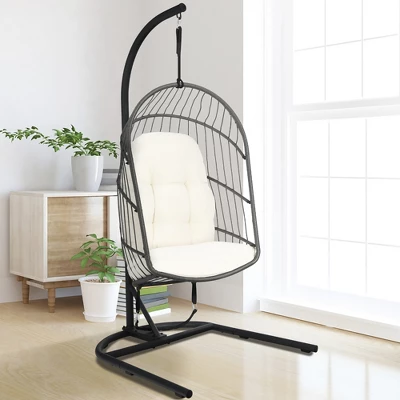 Costway Hanging Wicker Egg Chair W/ Stand Cushion Foldable Outdoor Indoor 11 Costway Hanging Wicker Egg Chair W/ Stand Cushion Foldable Outdoor Indoor - Image 11
