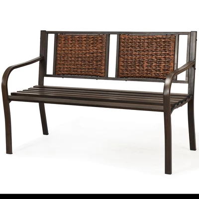 Costway Patio Garden Bench Steel Frame Rattan Backrest Park Yard Outdoor Porch Furniture 6 Costway Patio Garden Bench Steel Frame Rattan Backrest Park Yard Outdoor Porch Furniture - Image 6