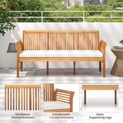 Tangkula 3 Person Outdoor Bench, 62.5" Acacia Wood Patio Sofa With Curved Armrests And Removable Seat Cushion -VIDAXL Sale Store GUEST 382352c0 7a0a 4465 9e88 04fae8b91cb6